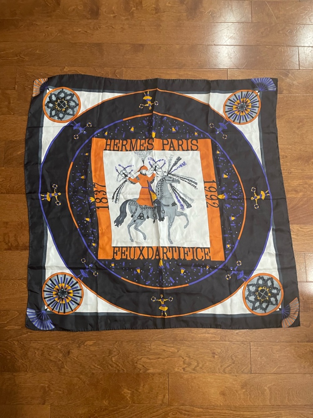 Silk Scarf - Orange, Black & Purple Equestrian Motif